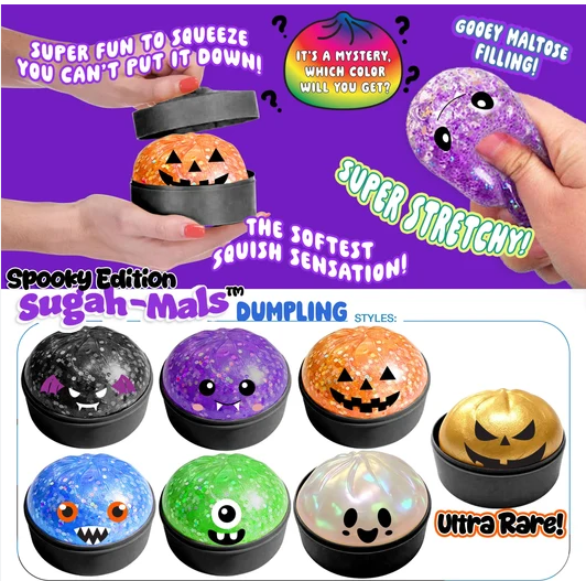 Spooky Edition Sugah-Mals Dumpling squishy toys in a collage showing both hands squeezing the round jelly and a grid of different colored spooky designs. The top half has a purple background with text overlays, and the bottom half shows six different spooky colored dumplings in black round containers.