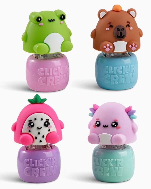 Four cute cartoon-shaped refillable gel pens arranged in a 2x2 grid on a white background. Each pen has a colorful character top and a translucent cylindrical base embossed with the brand name 'CLICK'R CREW'.