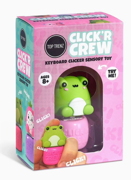 Top Trenz Click 'R Crew keyboard clicker sensory toy in its original pink packaging box, featuring a green frog-shaped clicker on a pink base.