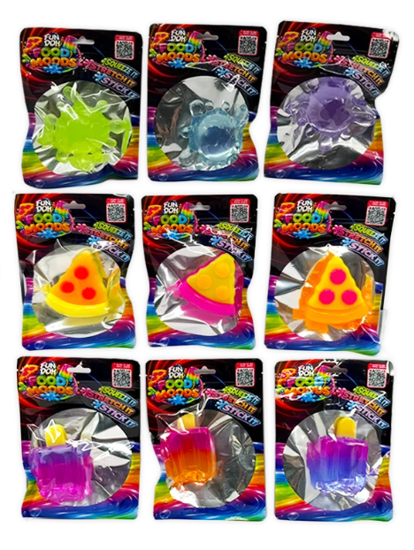 Nine packaged novelty items arranged in a 3x3 grid on a plain white background. Each item is in its own clear blister pack with a colorful printed backing card featuring Japanese text and rainbow graphics.
