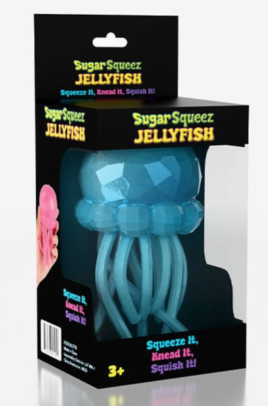 Sugar Squeez Jellyfish toy in its original black retail packaging, featuring a translucent blue jellyfish with long tentacles visible through a clear plastic window.