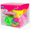 A clear plastic box of Stress Ball Squishies containing eight colorful sticky squishy balls in bright pink, green, yellow, orange, and purple, with a bright pink lid and product label.