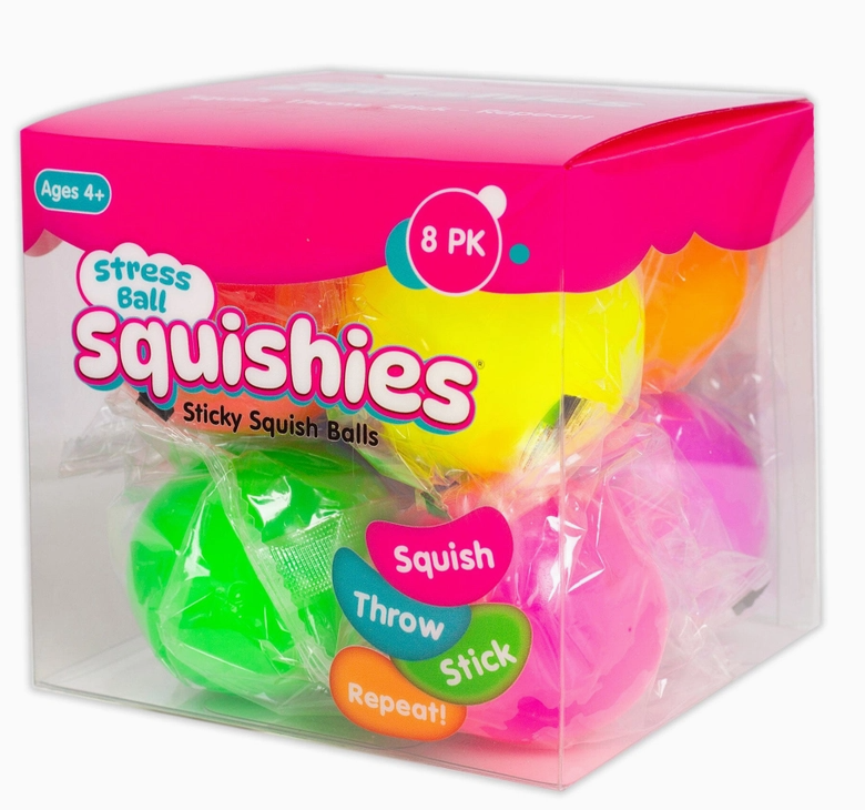 A clear plastic box of Stress Ball Squishies containing eight colorful sticky squishy balls in bright pink, green, yellow, orange, and purple, with a bright pink lid and product label.