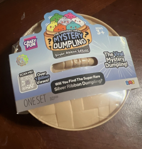 A packaged toy product labeled 'The Original Viral Mystery Dumpling' in the Silver, Ribbon Edition, shown on a dark wooden surface. The package contains a beige woven dumpling visible through a clear window, with colorful branding and product text on the top.