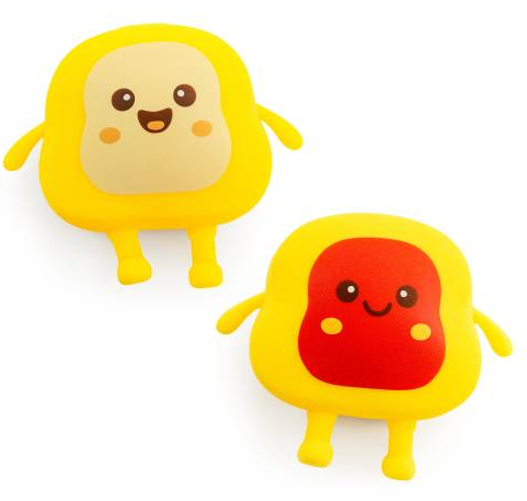 Two cute, cartoonish yellow character ear covers or cases with smiling faces, shown on a plain white background. One has a beige face, and the other has a red face.