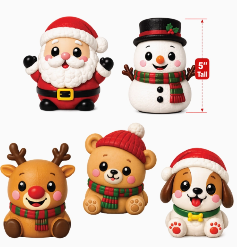 Five small Christmas-themed figurines on a white background: Santa Claus, a snowman with a 5-inch height marker, a reindeer, a teddy bear, and a puppy. The figures are shown together as a product set with a size callout.