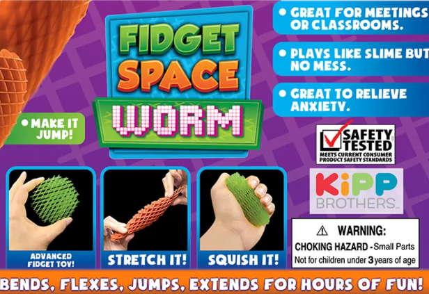 Fidget Space Worm sensory toy by Kipp Brothers. Stretchy, squishy mesh fidget that bends, flexes, jumps, and extends. Great for classrooms, meetings, stress relief, and sensory play. Safety tested for ages 3 and up.