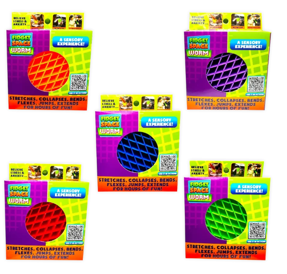 Fidget Space Worm sensory fidget toys shown in five assorted colors, including orange, purple, blue, red, and green. Stretchy, collapsible mesh toys that bend, flex, jump, squish, and extend for sensory and stress-relief play.