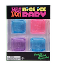 Nee Nice Ice Baby super solid squishy toy set in retail packaging, featuring four translucent squishies in blue, pink, and purple.
