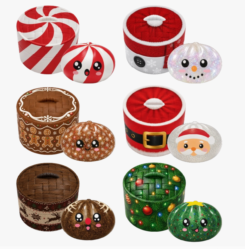 A set of Christmas-themed decorative containers and matching face charms arranged on a plain white background. The collection includes red-and-white striped peppermint and Santa-themed items, a brown gingerbread-style container with a Santa face charm, a green Christmas tree container with colorful ornaments and a green holiday bear charm, and a white glitter Santa face charm.