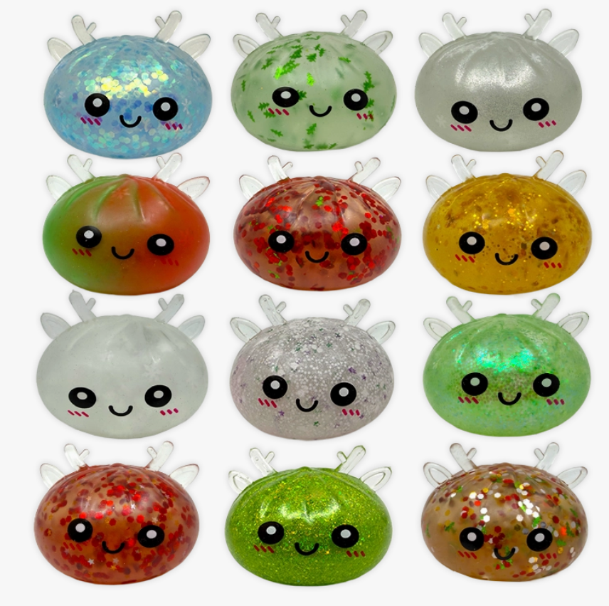 A 3x4 grid of 12 cute, round, glittery, and sparkly squishy stress-relief toys shaped like smiling crabs, displayed on a clean white background.