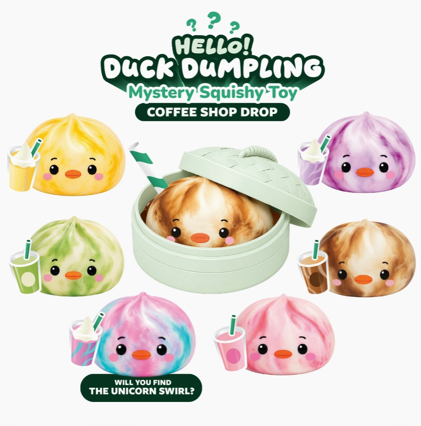 Promotional graphic for a 'HELLO! Duck Dumpling' mystery squishy toy, showing a light green bamboo-style round container with a duck-face dumpling peeking out, surrounded by six cute illustrated dumplings in different colors and drink accessories, with text reading 'Mystery Squishy Toy' and 'Coffee Shop Drop'.