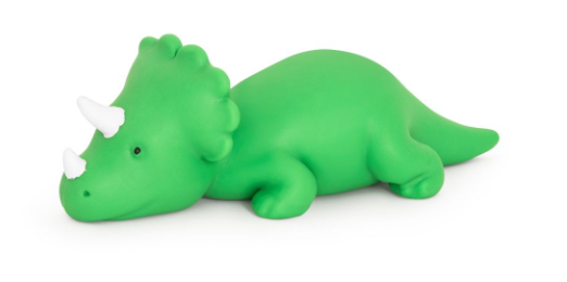 A green triceratops dinosaur toy with white horns, shown in a side profile on a clean white background.