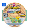 A circular cardboard package for a toy called 'The Viral Mystery Squishy Dumpling' in 'The Dye Edition'. The package shows colorful cartoon dumplings and a wooden spoon inside a round wooden tray.