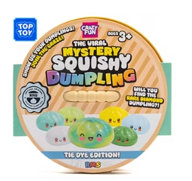 A circular cardboard package for a toy called 'The Viral Mystery Squishy Dumpling' in 'The Dye Edition'. The package shows colorful cartoon dumplings and a wooden spoon inside a round wooden tray.