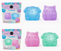 Four Super Sugar Duper Swisher mini-animal squishies shown with their retail packaging on a white background. The set includes blue, purple, pink, and mint green cartoon characters.