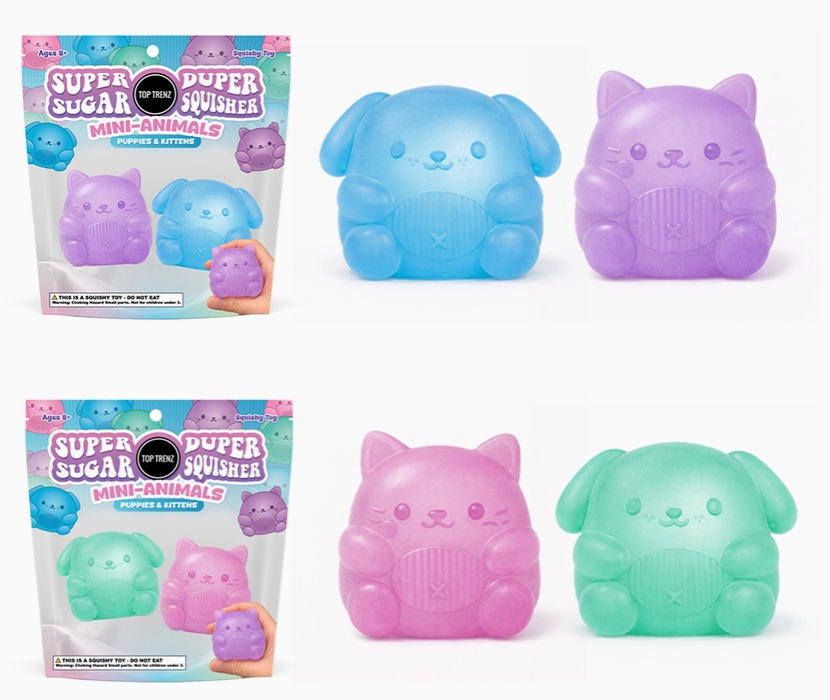 Four Super Sugar Duper Swisher mini-animal squishies shown with their retail packaging on a white background. The set includes blue, purple, pink, and mint green cartoon characters.