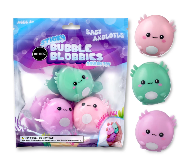 Pack of 'Sticky Bubble Blobbles' squishy toys in pink and green, shown in its retail packaging alongside three individual loose toys on a white background.