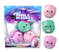 Pack of 'Sticky Bubble Blobbles' squishy toys in pink and green, shown in its retail packaging alongside three individual loose toys on a white background.