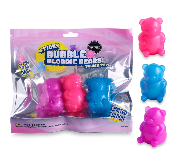 Sticky Bubble Blobbie Bears squish toy in a clear plastic bag with three bear-shaped toys visible inside, plus three loose bear figures shown to the right in pink, blue, and purple. The package text includes 'Sticky Bubble Blobbie Bears', 'Squish Toy', and 'Limited Edition'.