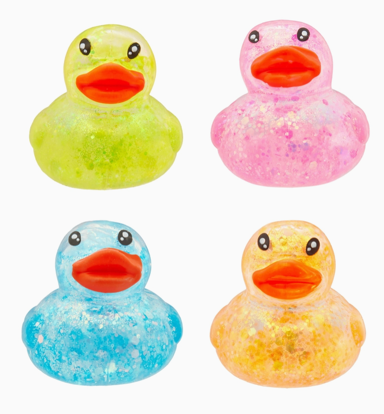 Four translucent rubber duckies arranged in a 2x2 grid on a white background, each with glitter or color-shifting properties: lime green, pink, light blue, and golden yellow.