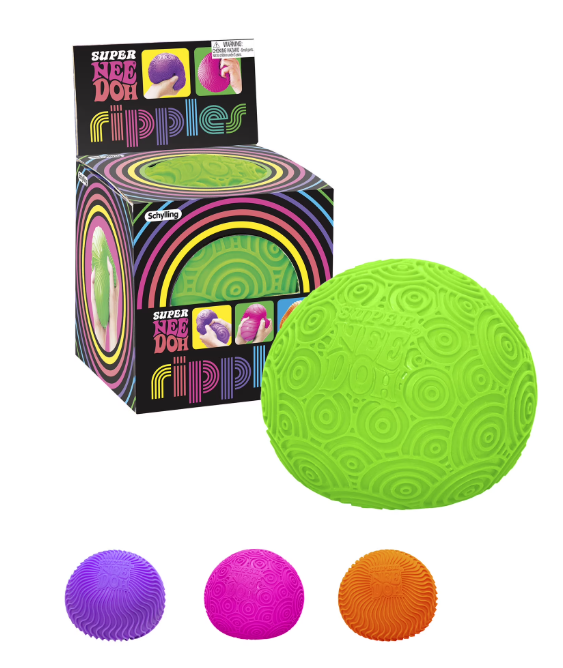 A neon green textured squishy ball shown next to its colorful retail box, with three smaller balls in purple, pink, and orange displayed along the bottom on a white background.
