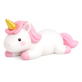A white and pink lying unicorn figurine with a shiny gold horn, resting on a clean white background.