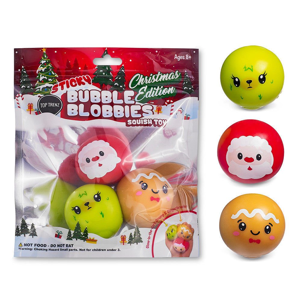 Packaging of Christmas-themed Sticky Bubble Blobbies with colorful squishy toys on a white background.